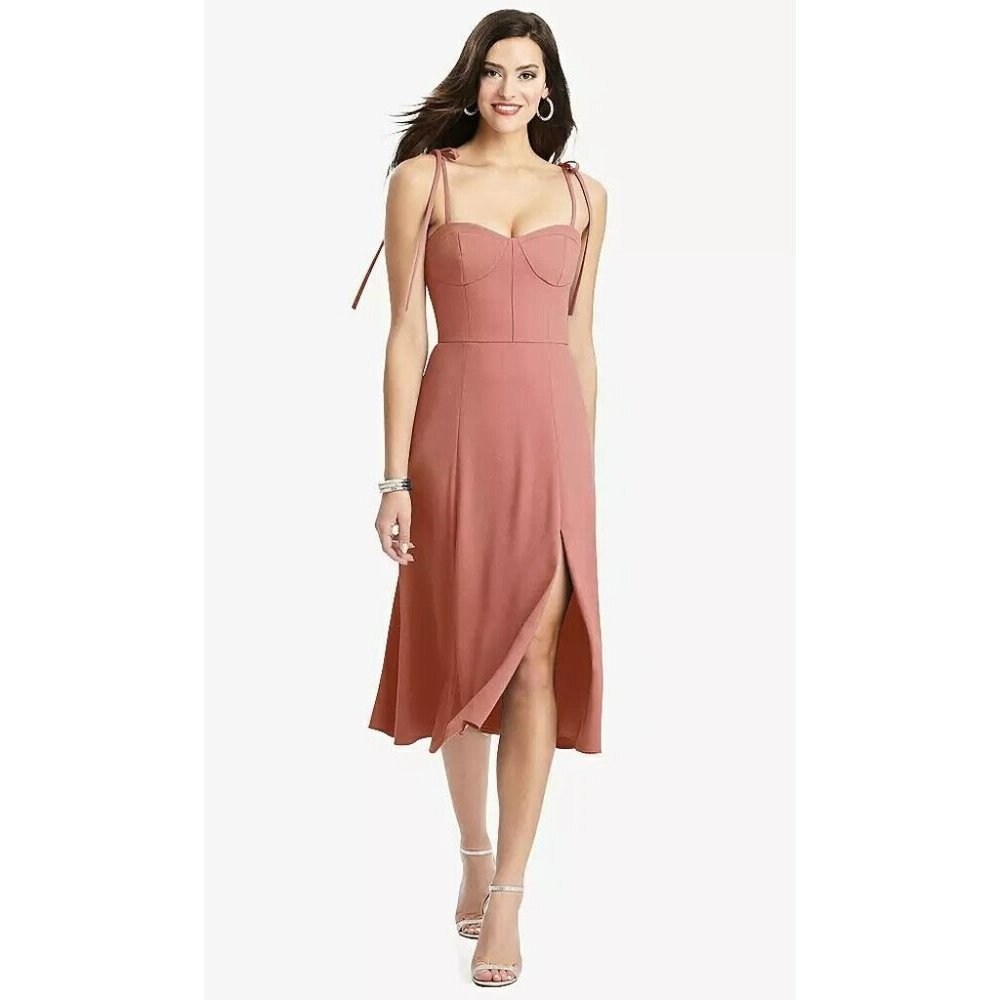 Dessy Collection Bustier Crepe Midi Dress With Adjustable Bow Straps Desert Rose